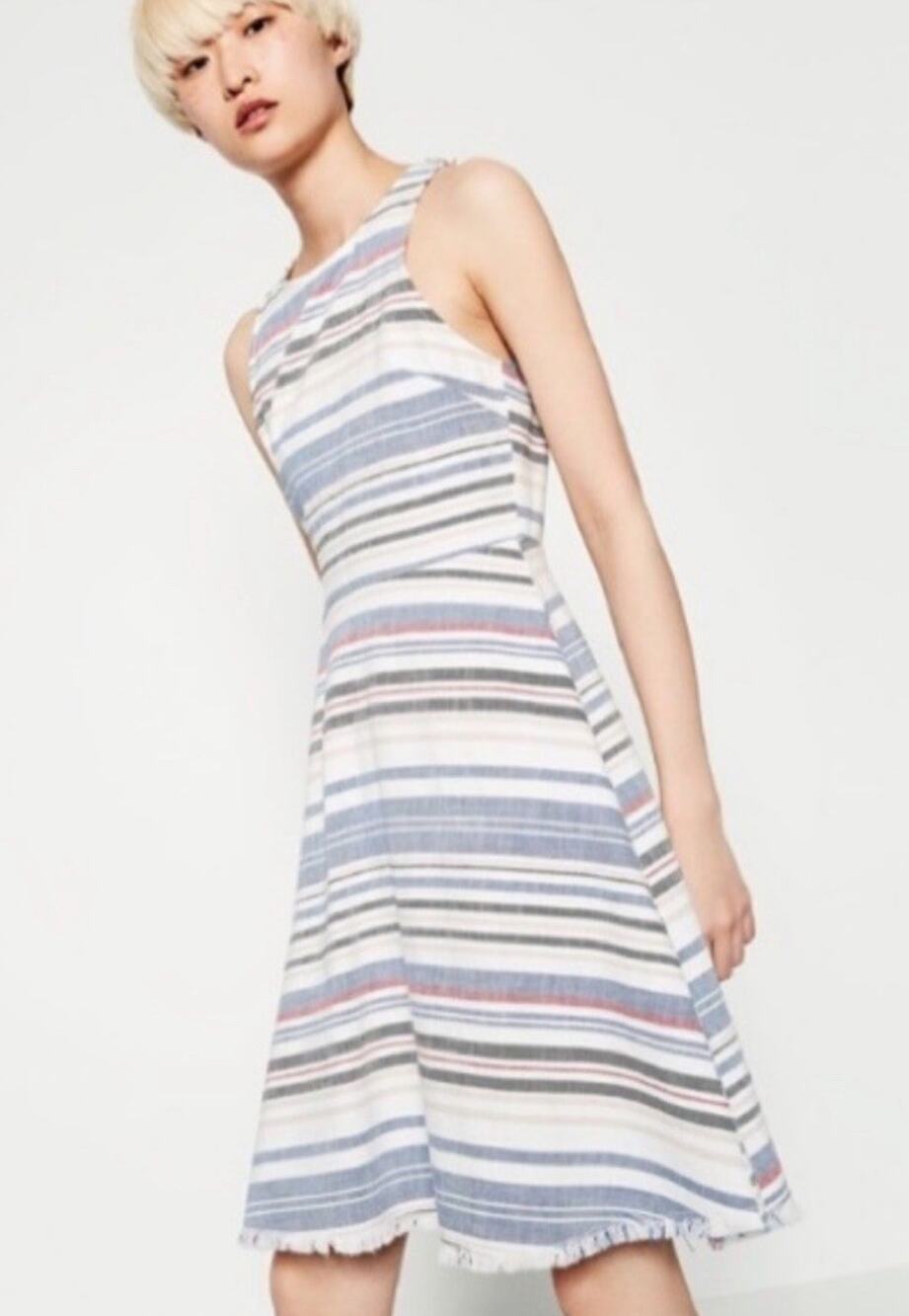 Zara Basic Denim Couture Sleeveless Striped A-Line Dress Sz M Zip Raw Hem